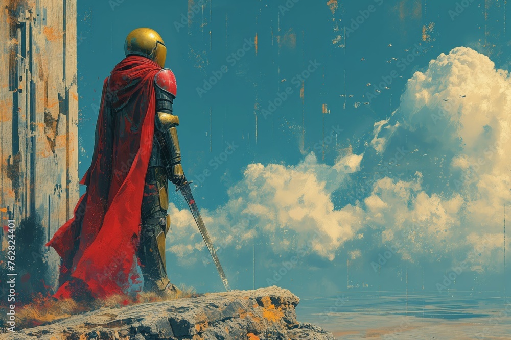 A knight in golden armor stands under a vast sky, his sword ready, embodying serenity and strength.
A knight in golden armor stands under a vast sky, his sword ready, embodying serenity and strength.