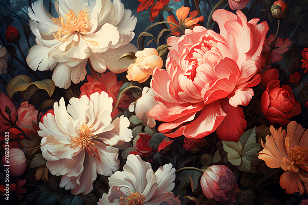 Artistic vintage background with many beautiful flowers.