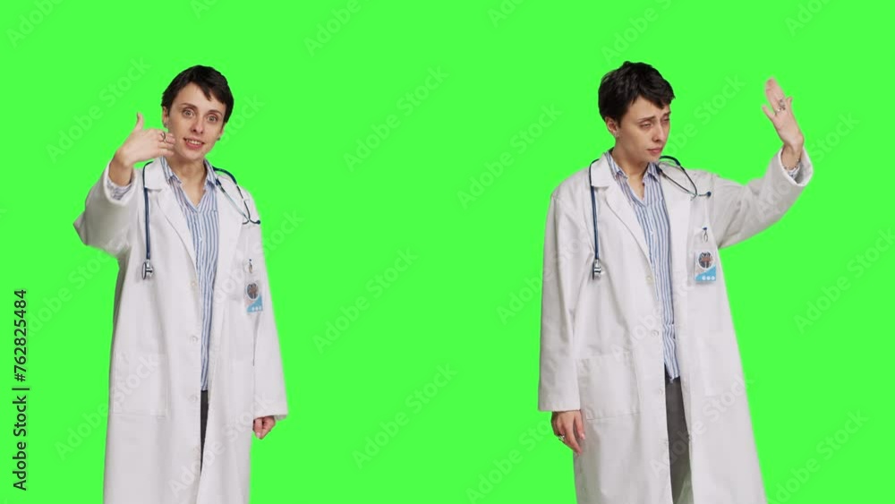 Friendly physician inviting people to come closer to her against greenscreen backdrop, calling patients over and smiling. General practitioner asking persons to approach her. Camera B. Friendly physician inviting people to come closer to her against greenscreen backdrop, calling patients over and smiling. General practitioner asking persons to approach her. Camera B.