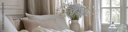 A bed with white and beige pillows  a beige headboard  and a vase with flowers in front of a window.