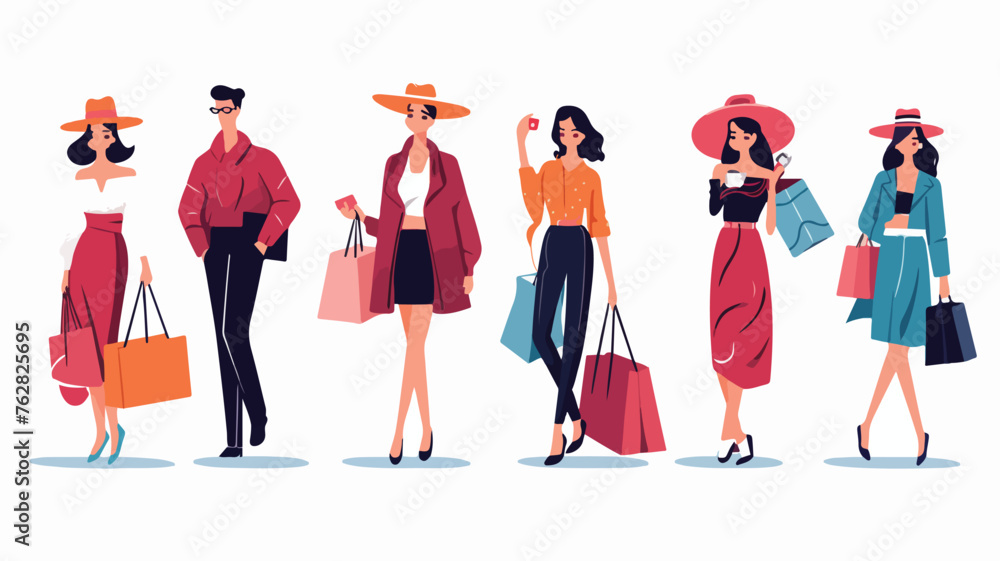 Fashionista or shopaholic characters during sales 
