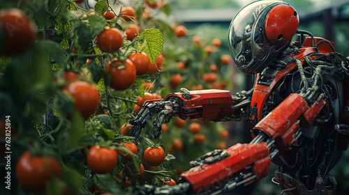 A robot is picking tomatoes from a plant. The robot is red and has a metallic appearance. The scene is set in a greenhouse, and the robot is working to harvest the tomatoes