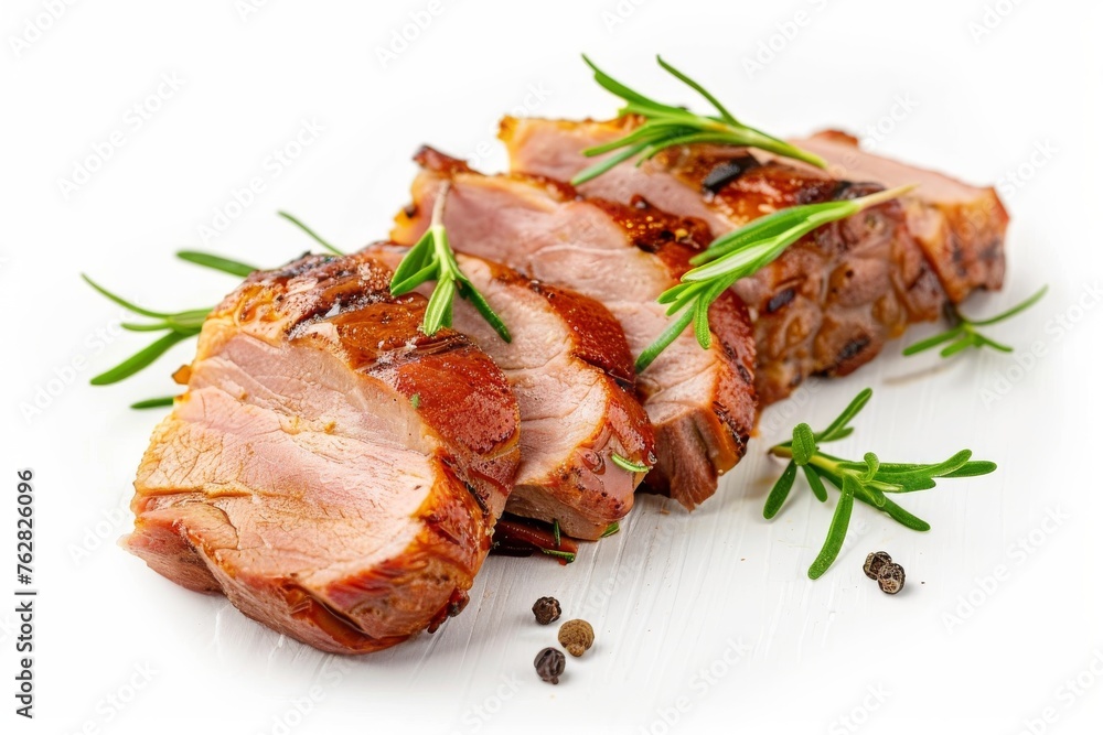 Baked Pork Slices Isolated. Roasted Sliced Loin, Tenderloin Ham Pieces, Baked Meat Fillet Slices on White Baked Pork Slices Isolated. Roasted Sliced Loin, Tenderloin Ham Pieces, Baked Meat Fillet Slices on White