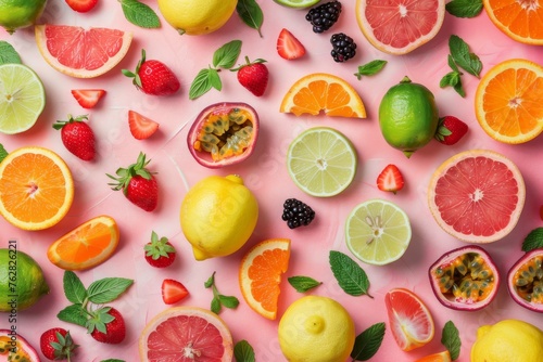 Fruits  Herbs and Berries Flat Lay Texture Background. Lemon  Lime  Orange  Mandarin  Grapefruit Slices