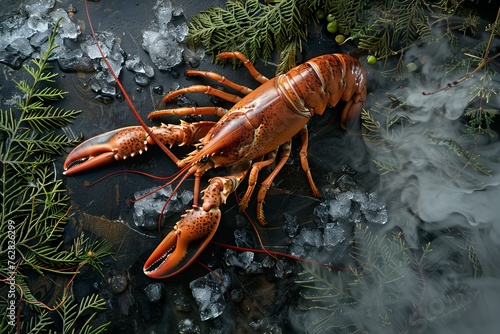Fresh Lobster on Dry Ice, Raw Whole Omar, Cooled Crawfish Decorated With Lime And Greenery photo