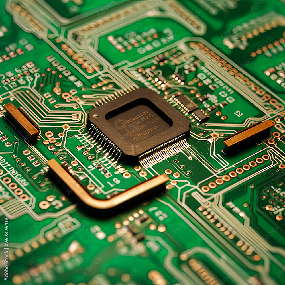 A close up of a computer chip. The chip is green and has a black label on it A close up of a computer chip. The chip is green and has a black label on it