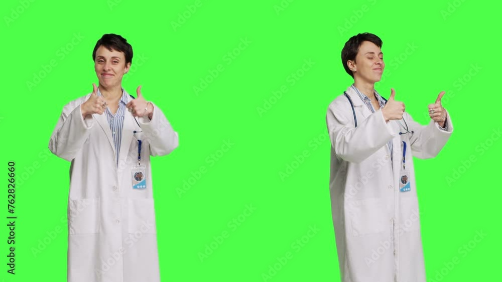 Cheerful medic doing thumbs up symbol against greenscreen backdrop, expresses positivity with like sign. General practitioner with coat giving approval and being satisfied with success. Camera B. Cheerful medic doing thumbs up symbol against greenscreen backdrop, expresses positivity with like sign. General practitioner with coat giving approval and being satisfied with success. Camera B.