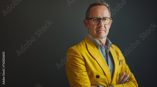 Create a portrait shot of a smart executive design director in a stylish yellow-colored casual business attire. 