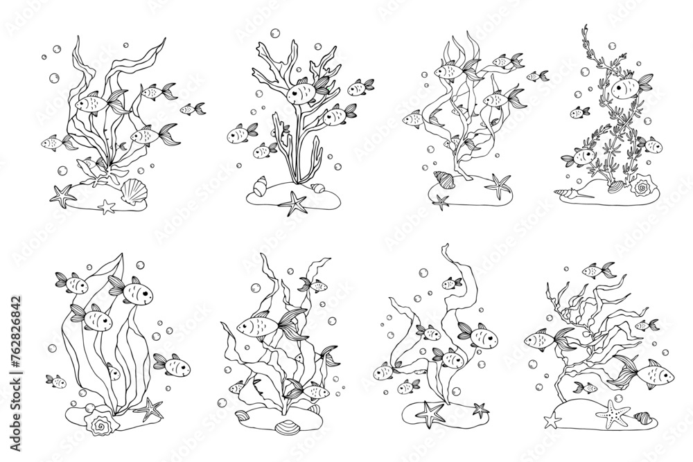 Collection of sketches, doodles of decorative fish in algae on sand islands, Vector graphics. Collection of sketches, doodles of decorative fish in algae on sand islands, Vector graphics.