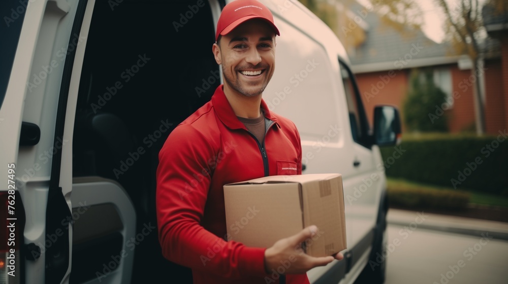 Create a positive and efficient portrayal of a delivery courier service, depicting a smiling man in a red cap and uniform holding a cardboard box near a van truck. Create a positive and efficient portrayal of a delivery courier service, depicting a smiling man in a red cap and uniform holding a cardboard box near a van truck.