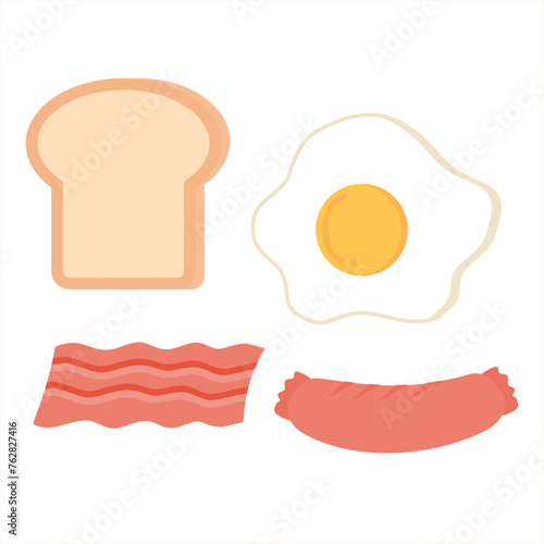 Bread, fried egg, bacon, toast and sausage.Set of cute breakfast.Food or kitchen.Menu for a restaurant or cafe.Sign, symbol, icon or logo isolated.Good morning.Flat design.Cartoon vector illustration.