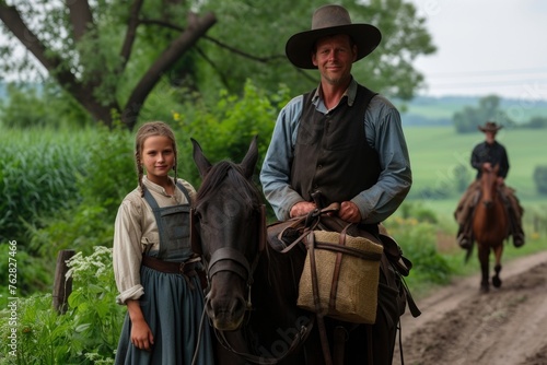 Portrayal of Amish people, traditional lifestyle, close bonds of community, rural simplicity, values of cultural richness, traditions of close-knit family friendly living group. village Country life.