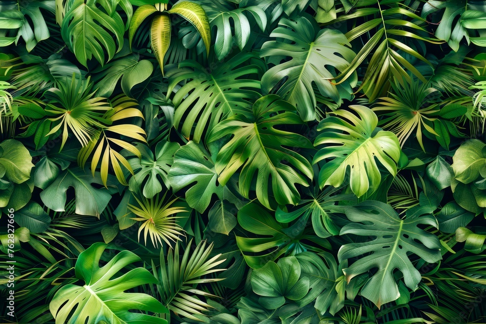 Lush Green Tropical Monstera and Palm Leaves Background for Nature-Inspired Designs