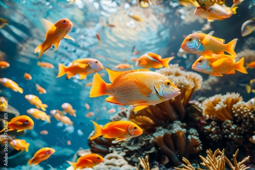 Vivid Orange Fish Amongst Coral Reefs Underwater Scene with Sunlight Filtering Through Ocean Water