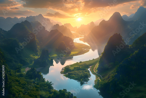 Spectacular Sunrise over Tranquil River and Verdant Mountains - An Ethereal Landscape Photography © Addie