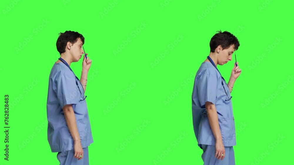 Doubtful medical assistant thinking about ways to cure a disease in studio, stands against greenscreen backdrop and wearing scrubs. Nurse contemplating about new ideas, being pensive. Camera B. Doubtful medical assistant thinking about ways to cure a disease in studio, stands against greenscreen backdrop and wearing scrubs. Nurse contemplating about new ideas, being pensive. Camera B.