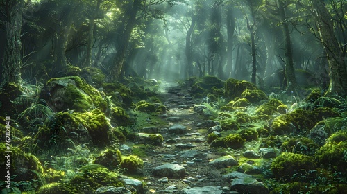 an ancient forest  a road cuts a path  dappled sunlight filtering through the leaves. Moss-covered rocks line the edges