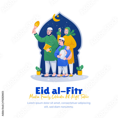 Illustration of Muslim family celebrates all-night takbir to celebrate of Eid mubarak