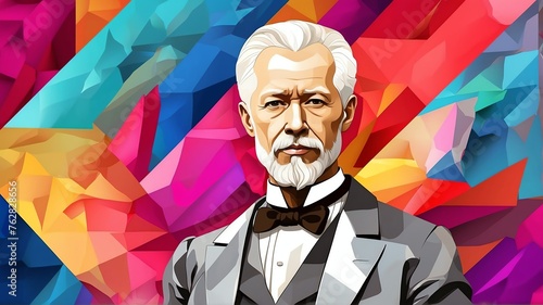 Pyotr ilyich tchaikovsky portrait colorful geometric shapes background. Digital painting. Vector illustration from Generative AI photo