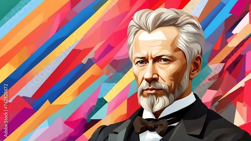 Pyotr ilyich tchaikovsky portrait colorful geometric shapes background. Digital painting. Vector illustration from Generative AI photo