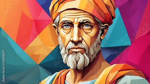 Pythagoras portrait colorful geometric shapes background. Digital painting. Vector illustration from Generative AI