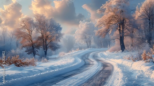 An icy road cuts through a winter wonderland, flanked by snow-covered trees that glisten in the soft light.  © Artistic_Creation
