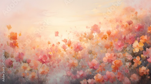 a gradient canvas adorned with vibrant oranges and delicate pinks, capturing the ephemeral beauty of a blossoming garden at dawn.
