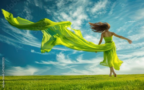 A beautiful woman jumping on green grass with a flying lime colored fabric against a blue sky