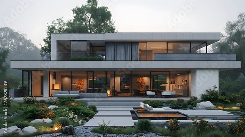 a modern white minimalist house exterior, with clean geometric lines, sleek finishes, and minimalistic landscaping, portrayed in cinematic 16k realism. © Artistic_Creation