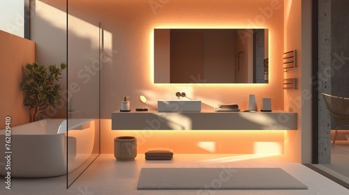 Relaxing bathroom with muted peach accents  a floating vanity  and soft  indirect lighting   