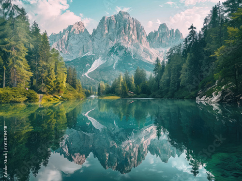 A stunning view of the majestic Dolomites  reflecting in crystal clear waters at Lake candy green. The lush pine forests surrounding it add to its beauty and serenity