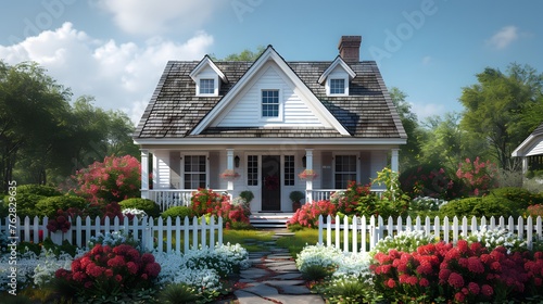 a white Cape Cod-style house exterior, with cedar shingle siding, dormer windows, and a charming picket fence, rendered in breathtaking 16k ultra HD. photo