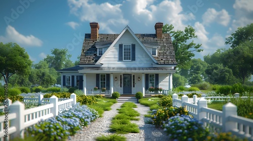 a white Cape Cod-style house exterior, with cedar shingle siding, dormer windows, and a charming picket fence, rendered in breathtaking 16k ultra HD.