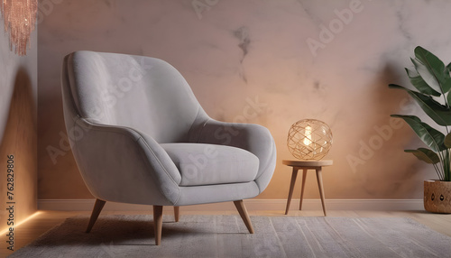 Grey chair against Boho home interior design of modern living room 11