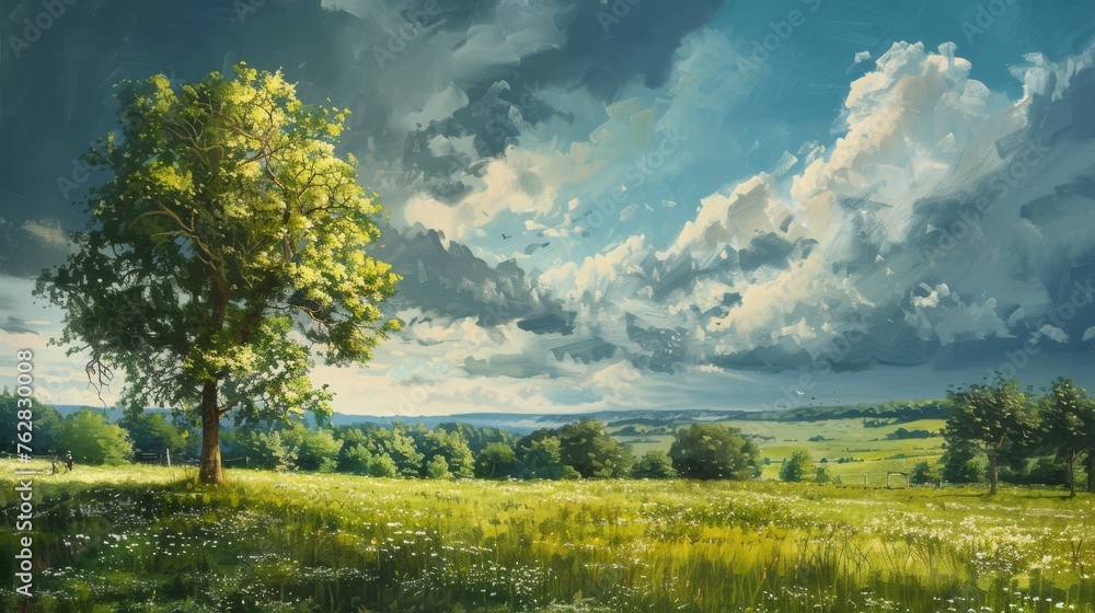 A countryside scene capturing the tranquility and freshness following a storm, evoking a sense of renewal and calm