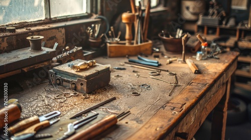 A craftsman's working desk equipped with professional tools for jewelry making, offering a glimpse into the artisan's workspace