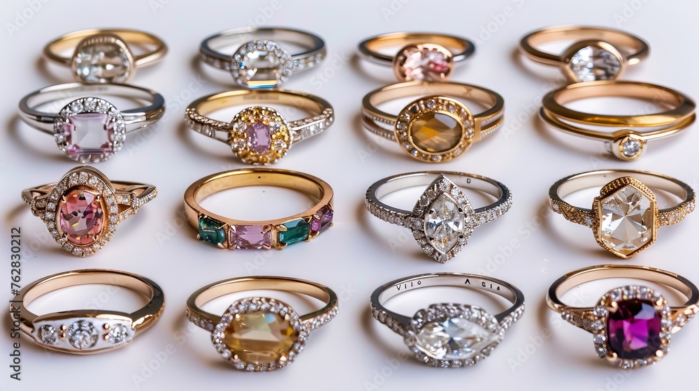 A curated set of rings, including wedding and engagement rings, representing the pinnacle of jewelry design A curated set of rings, including wedding and engagement rings, representing the pinnacle of jewelry design