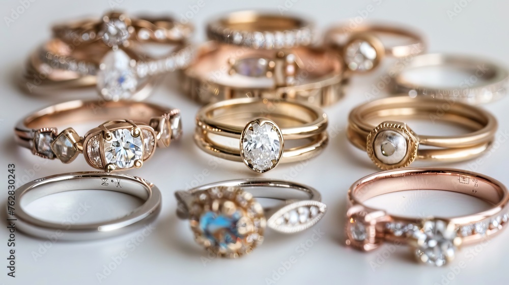 A curated set of rings, including wedding and engagement rings, representing the pinnacle of jewelry design A curated set of rings, including wedding and engagement rings, representing the pinnacle of jewelry design