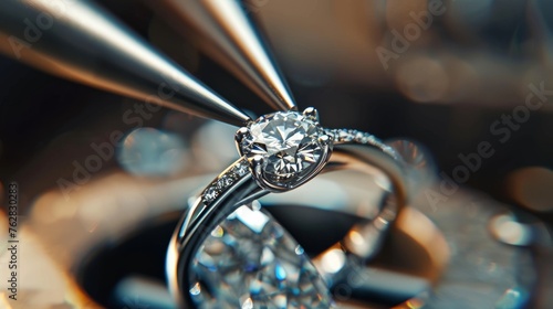 A demonstration of the intricate process of handcrafting jewelry, particularly the skillful addition of a diamond to a ring, showcased in a close-up view