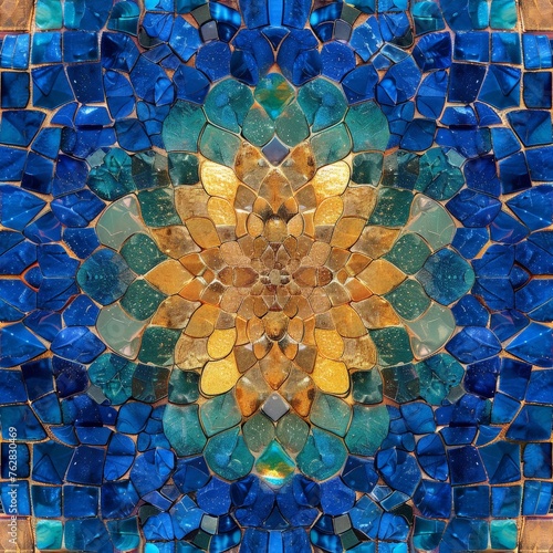 A colorful mosaic tile featuring intricate patterns of blue and green, adorned with a bright yellow flower in the center