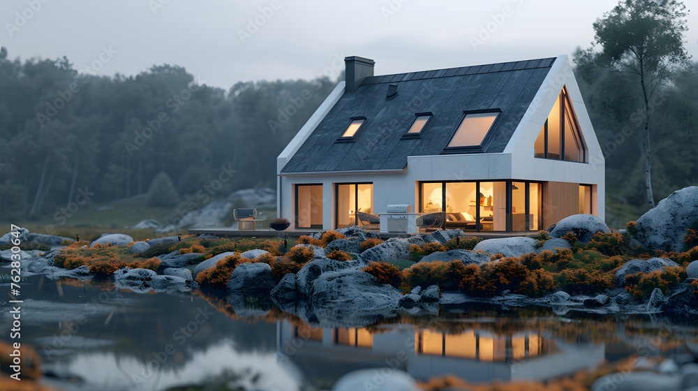 a white Scandinavian-style house exterior, with simple lines, minimalist design, and a focus on natural materials, portrayed in cinematic 16k perfection.