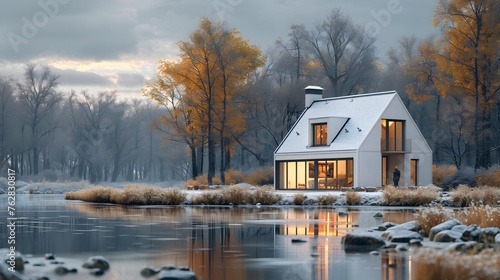 a white Scandinavian-style house exterior, with simple lines, minimalist design, and a focus on natural materials, portrayed in cinematic 16k perfection.