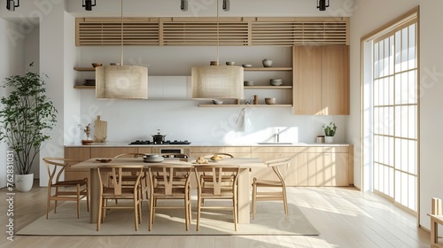 Simple kitchen with Japandi design, bamboo accents, and a minimalist dining area