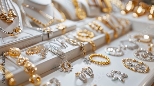 A display of shiny gold and silver jewelry arranged on a white table, highlighting their luster