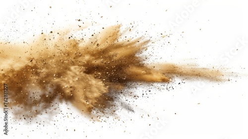 The yellow dry earth explodes on a white background, and the white background dust band explodes © SHI