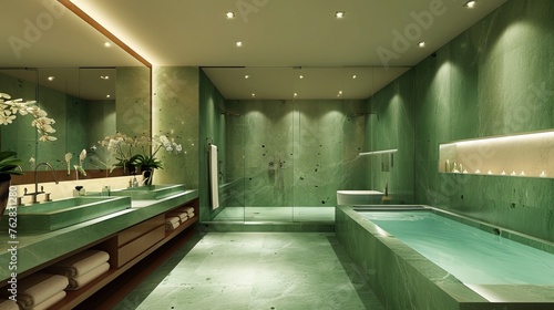 Spa-inspired bathroom in calming shades of green  with recessed lighting  a double vanity  and a soaking tub   