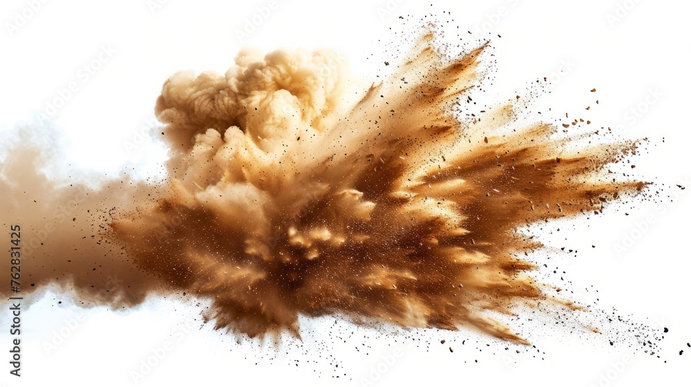The yellow dry earth explodes on a white background, and the white background dust band explodes The yellow dry earth explodes on a white background, and the white background dust band explodes