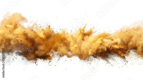 The yellow dry earth explodes on a white background, and the white background dust band explodes © SHI