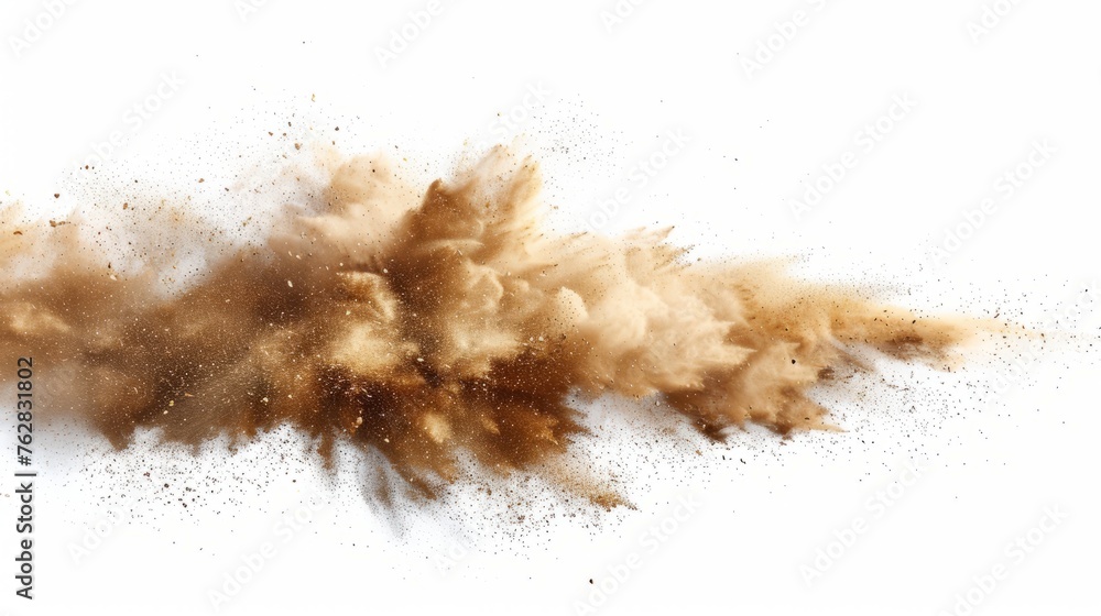 The yellow dry earth explodes on a white background, and the white background dust band explodes The yellow dry earth explodes on a white background, and the white background dust band explodes