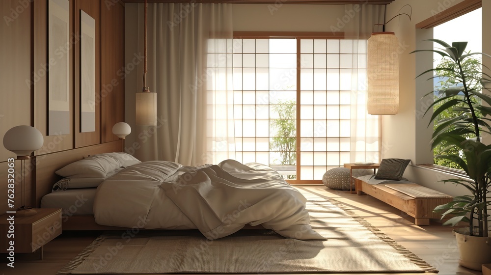 Warm Japandi Bedroom: Bedroom with warm tones, Japanese textiles, and Scandinavian furniture for a cozy atmosphere. Warm Japandi Bedroom: Bedroom with warm tones, Japanese textiles, and Scandinavian furniture for a cozy atmosphere.